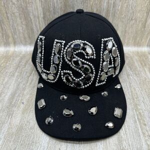 "USA" Bling Rhinestones Blue Jean Baseball Cap Curved Visor Hat Black